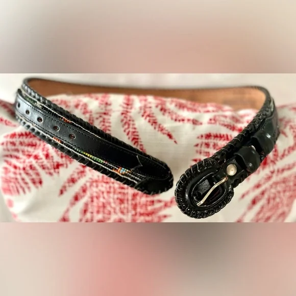 Vintage Belt Leather Beaded Native American Black MultiColor Size Small Navajo - Picture 7 of 9